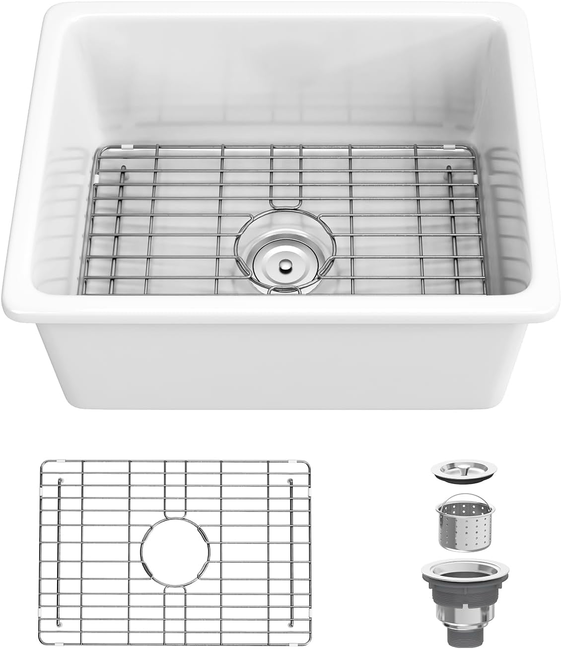 24 Inch Farmhouse Kitchen Sink, White Fireclay Drop In Undermount Sink, Rectangular Topmount Bar Sinks, Deep Single Bowl Sinks for Small Space with Drainboard & Strainer
