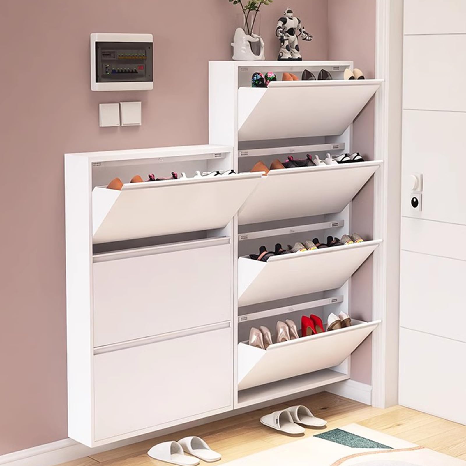 Schuhschrank zur Wandmontage mit Klappschubladen für Flur (Weiß, 103,1 x 59,9 x 12,2 cm) Küche, Haushalt & Wohnen