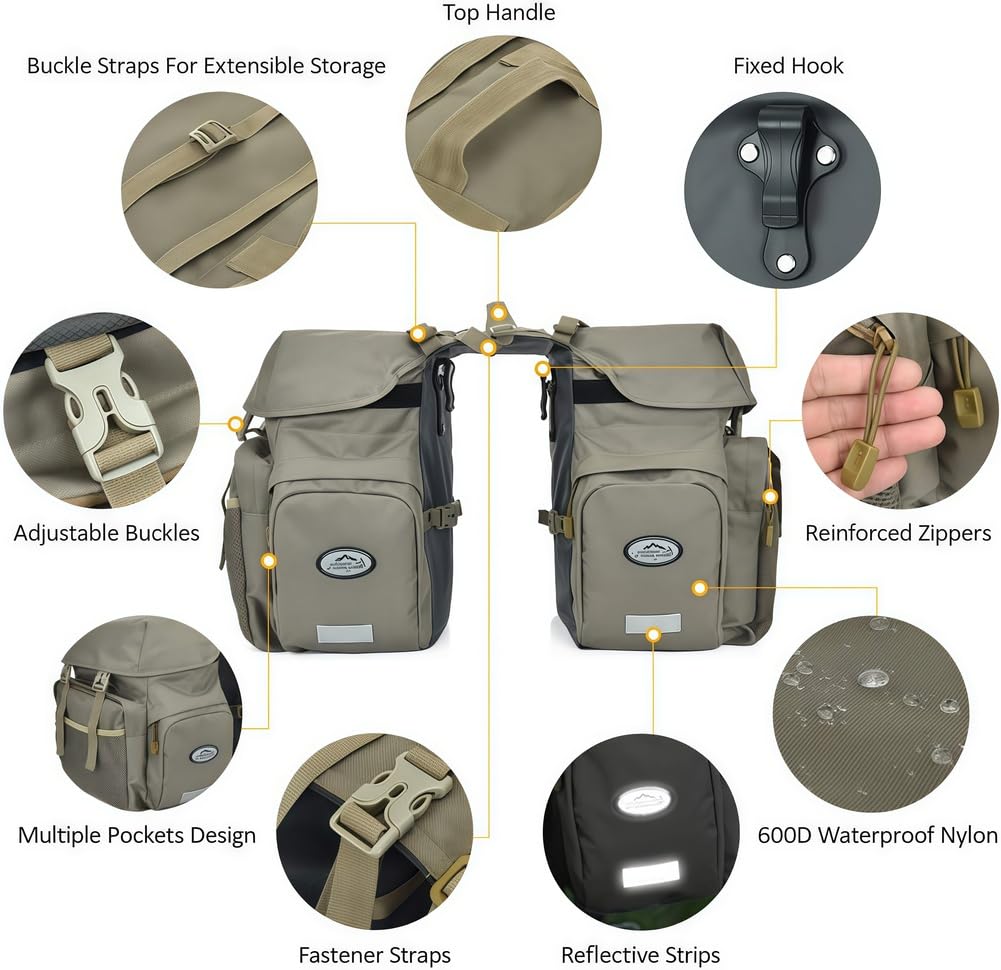 Sacoche Vélo Porte Bagage Arrière Imperméable, 50L Sacoche de Vélo Arrière avec Couverture, Réfléchissante, 600D Polyester, Double Vélo Sacoches pour Porte pour VTT, Électrique,Noir