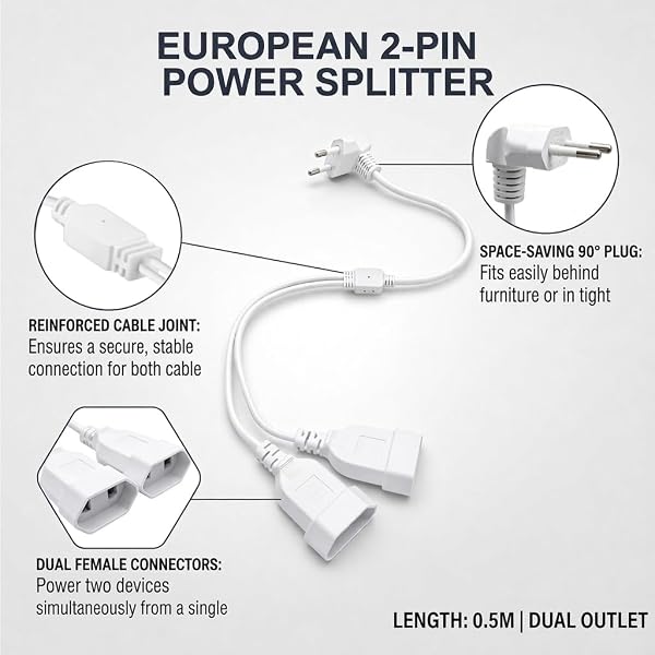 Cable Alargador 2 en 1 con Enchufe Europeo 50CM, Cables Alargadores Europeo de Corriente Acodado 250 V/2,5 A, Alargador Enchufe Plano 2 x 0,75 mm² para Televisores Monitor Consola de Juegos - 1