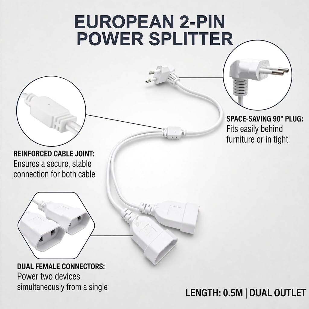 Cable Alargador 2 en 1 con Enchufe Europeo 50CM, Cables Alargadores Europeo de Corriente Acodado 250 V/2,5 A, Alargador Enchufe Plano 2 x 0,75 mm² para Televisores Monitor Consola de Juegos