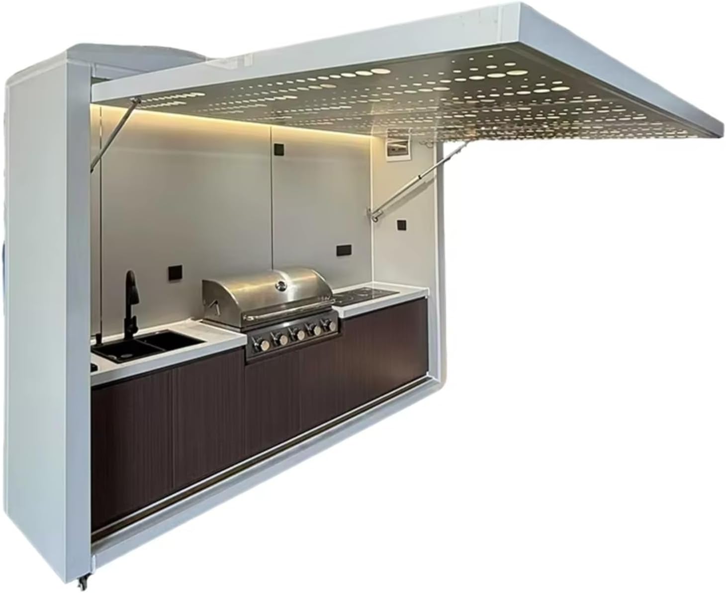 Outdoor Kitchen Pod Shed Stainless Steel Weatherproof Compact Barbecue Island Modular Outdoor Kitchen with Bar and Pergola