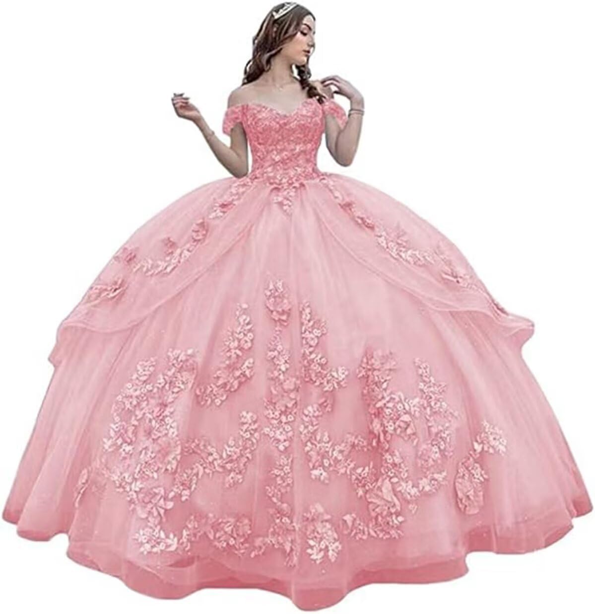 Women's 3D Floral Sparkly Tulle Ball Gown Quinceanera Dresses Long Puffy Sweet 16 Prom Party Gowns