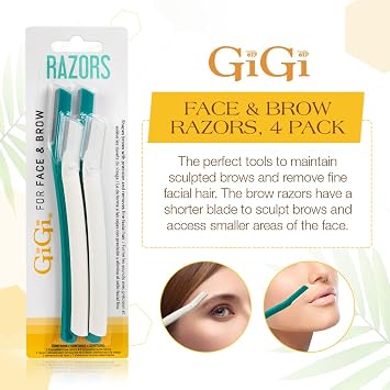 GiGi Dermaplaning Tool for Face & Eyebrows - Precision Eyebrow Razor for Women, Facial Razors for Hair Removal with Safety Cover, 4 Pcs