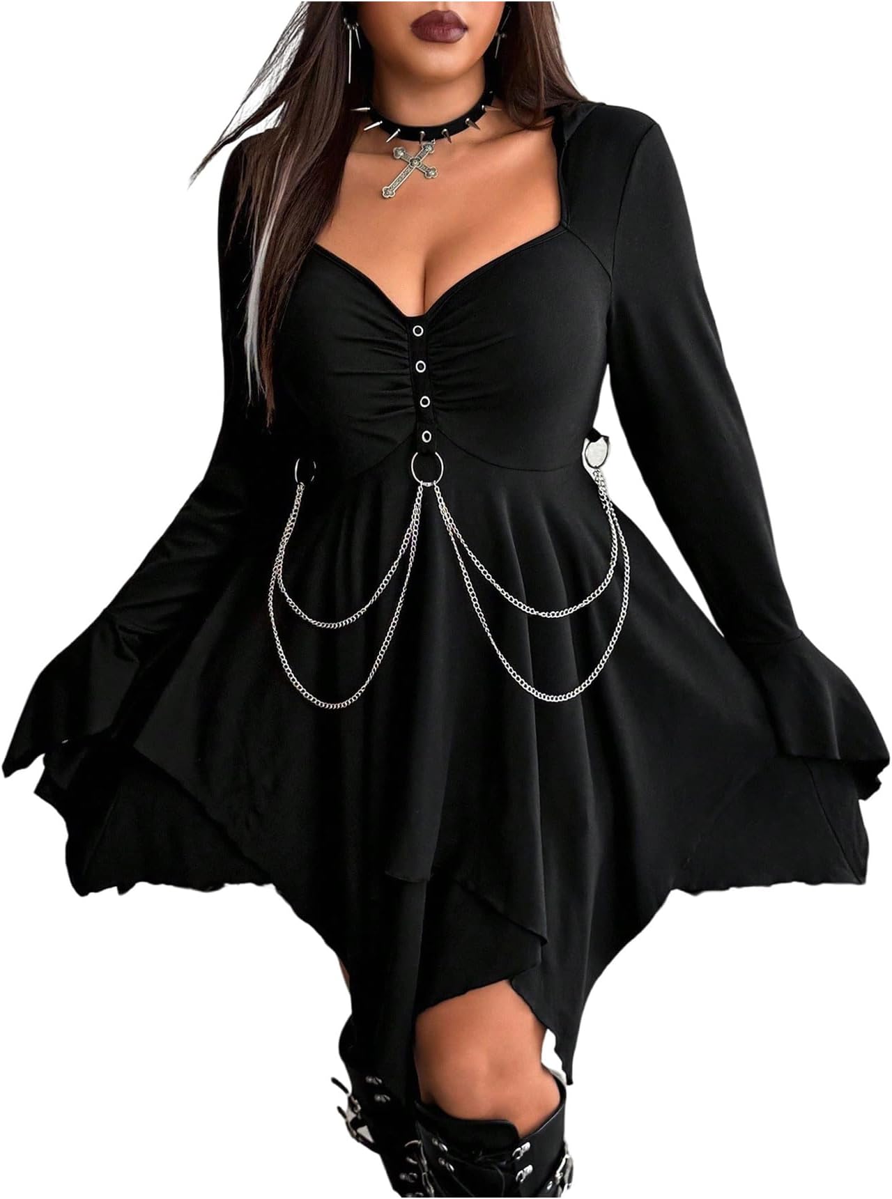 Women's Plus Size Gothic Hooded Dress Grunge Punk Long Sleeve Asymmetrical Flowy Going Out Party Club Mini Dresses