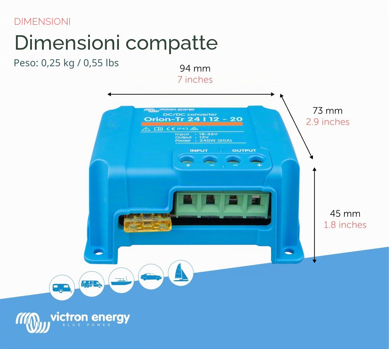 Victron Energy Orion-Tr IP43 24/12-Volt 20 amp 240-Watt Convertitore DC/DC, Non isolato, Retail