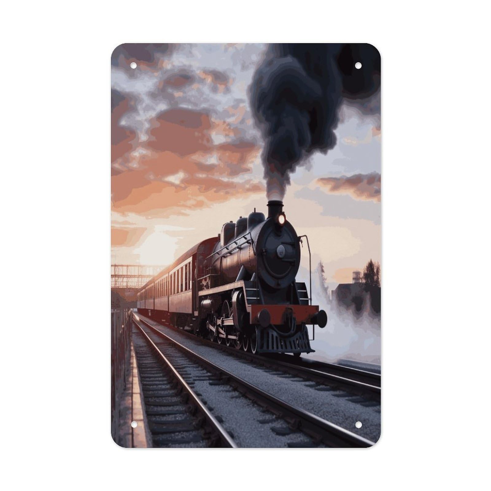 LDGSUPH Steam Train Depart Sunset Wall Art Prints Folded Edge Iron Sheet Painting with Holes for Wall Prints Decorative Picture Metal Signboard Decor Painting for Outdoor Indoor Wall Decor