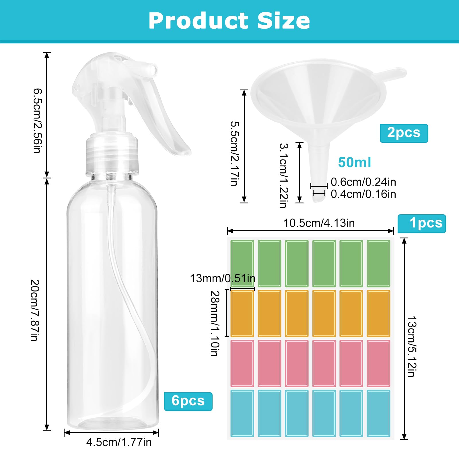 Butelka z rozpylaczem Fine Mist Spray 200 ml, 24 etykietki i 2 lejki, PET, czyszczenie domu, ogrodu, fryzjera, roślin, kwiatów