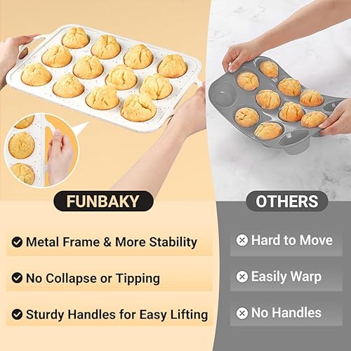Miniatura 2 de FUNBAKY Molde de silicona para magdalenas, refuerzo de metal, tamaño regular, 12 tazas y mini 24 tazas, antiadherente, fácil de desmoldar, molde