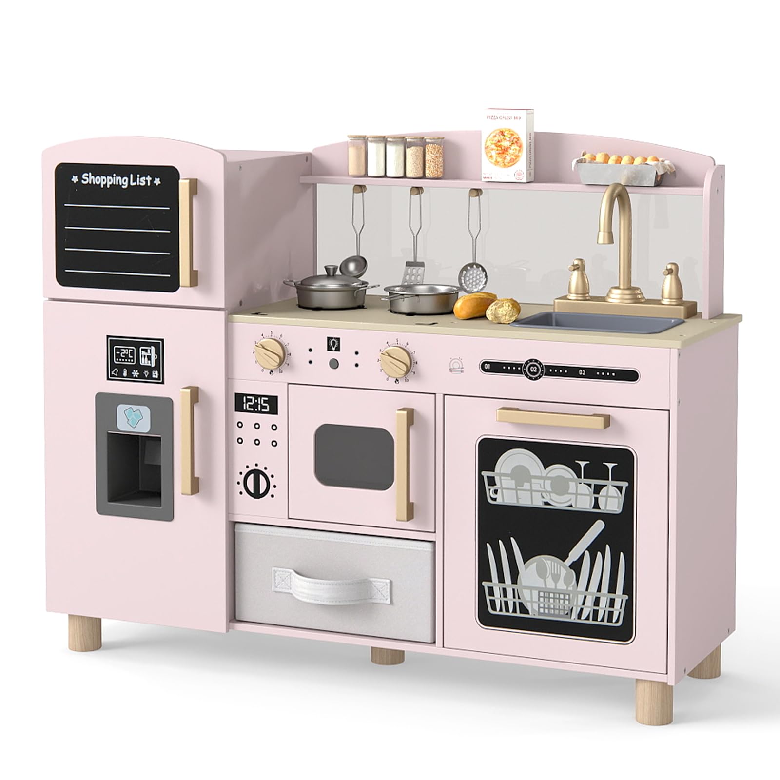 COSTWAY Wooden Kids Kitchen, Toddler Pretend Play Kitchen with Ice Maker, Sink, Blackboard & Acrylic Board, Utensils, Children Chef Role Playset for Boys Girls (Pink)