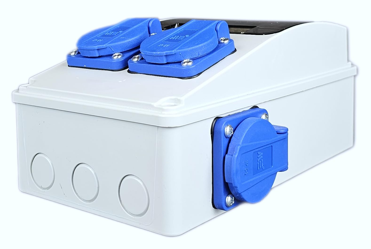 RoadEu - Stromverteiler 230V. 4x Schuko Steckdose mit Sicherungsautomat 16A. Baustromverteiler 16A mit FI Schalter. Steckdosen integriert mit Sicherungskasten. IP54 Wandverteiler - Aussen Wasserdicht