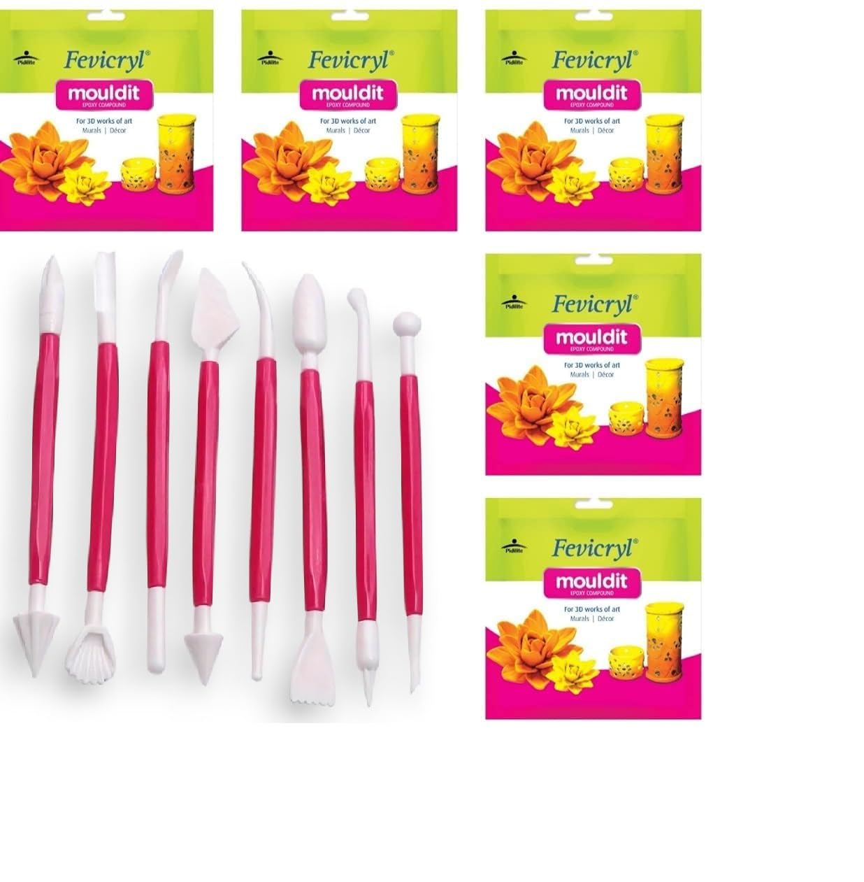 SCHUBERT Fevicryl Shilpkar Mouldit Epoxy Compound Clay (5 Packets of 50gm Each) + Clay Tools (Set of 8 Double Ended Tools Random Colour) for DIY Art and Craft, Natural-image-6