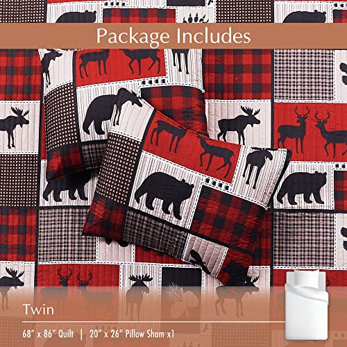 Virah Bella 2 Piece Twin Cabin Quilt Bedding Set - Lodge Life - Rustic Country Reversible Patchwork Comforter Set with Decorative Pillow Shams