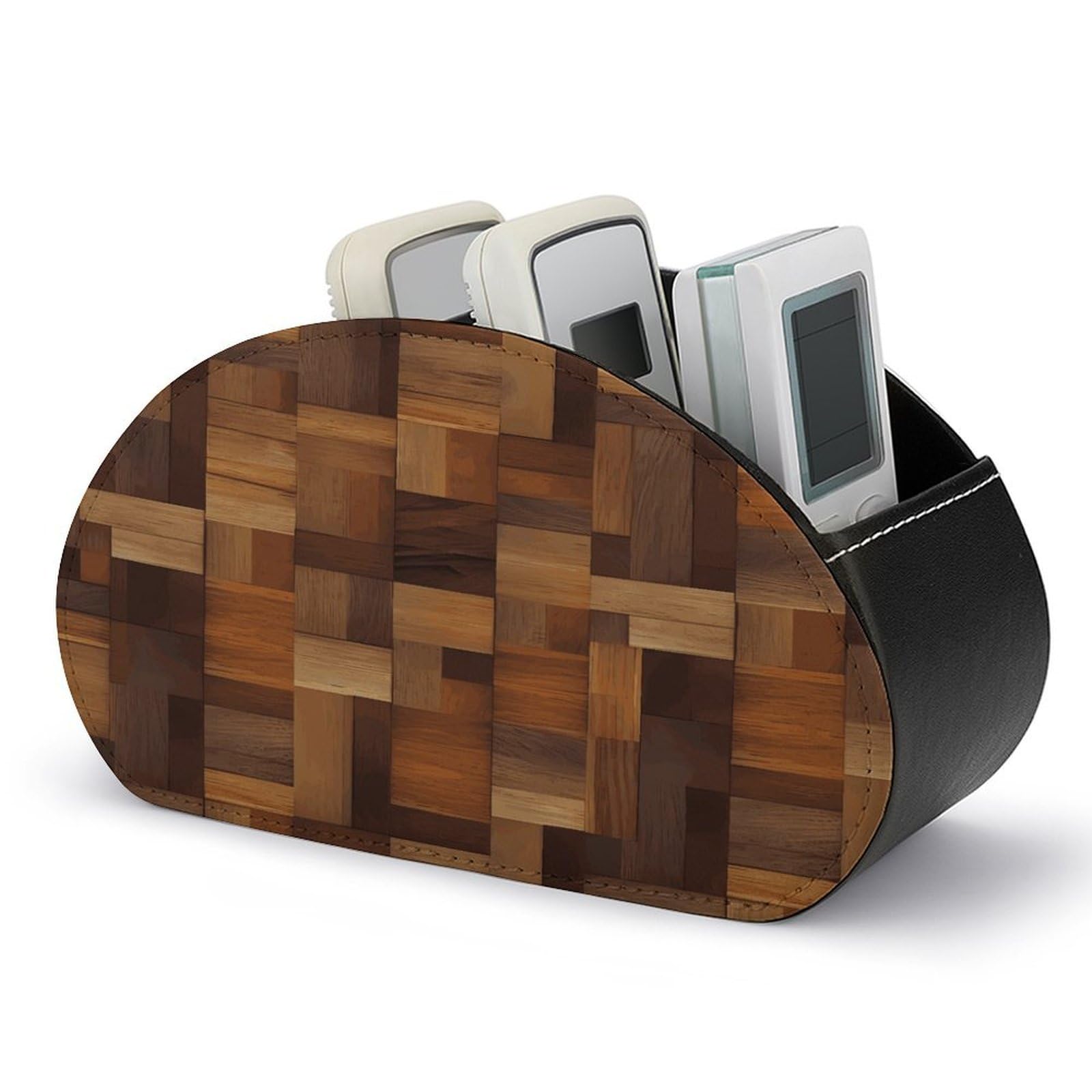 FekiLoot Wood Remote Control Holder, PU Leather Remote Control Organizer Box Stationery Remote Control Box Desk Storage Organizer for DVDs,Glasses,Pens,Media Players