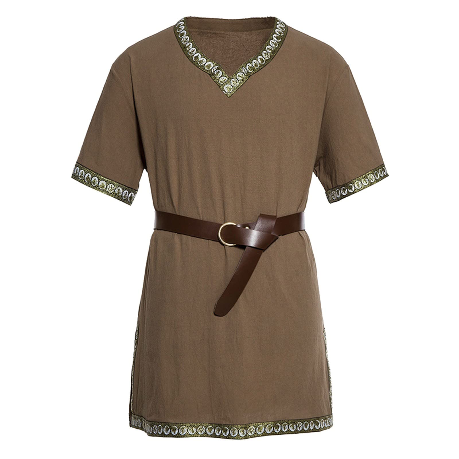 Duohropke Viking Shirt Men's Linen 6XL Medieval Shirt Short Sleeve Viking Tunic 4XL Long Medieval Tunic Short Sleeve Summer Tunic Medieval Costume, 01 Coffee, XL — image 1