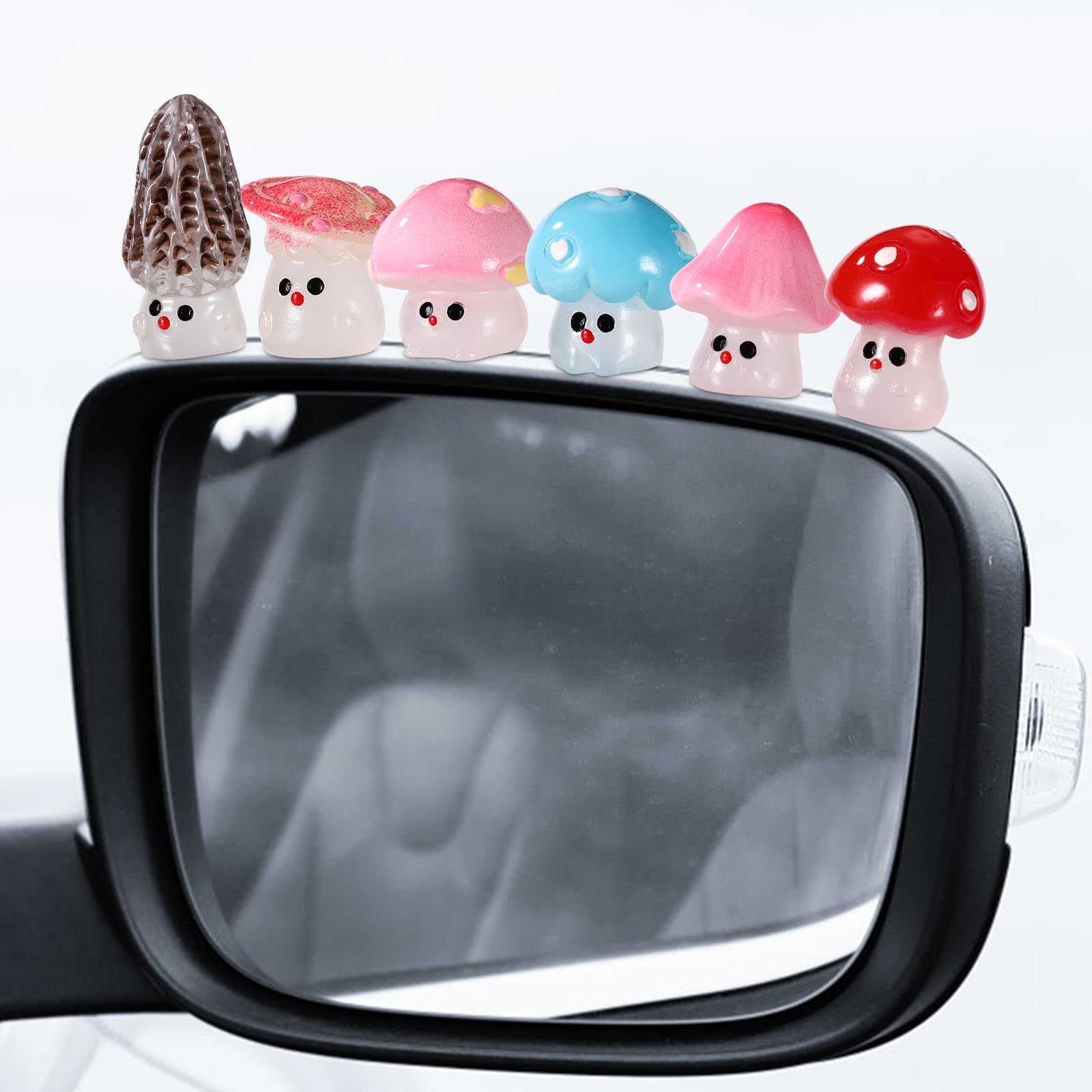6pcs Glow in The Dark Mini Mushroom Car Decor, Cute Luminous Tiny Resin Mushroom Rear View Mirror Decoration Dashboard Small Figurines Miniature Touchscreen Top Ornaments Fun Car Interior Accessories