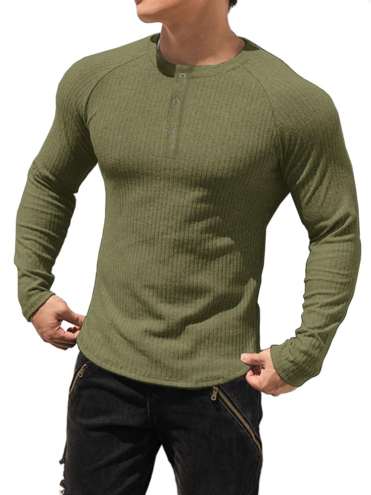 Muhshoiy Men's Cotton Muscle Henley Shirts Slim Fit Long & Short Sleeve T-Shirt Stretchy Casual Stylish Ribbed Tee