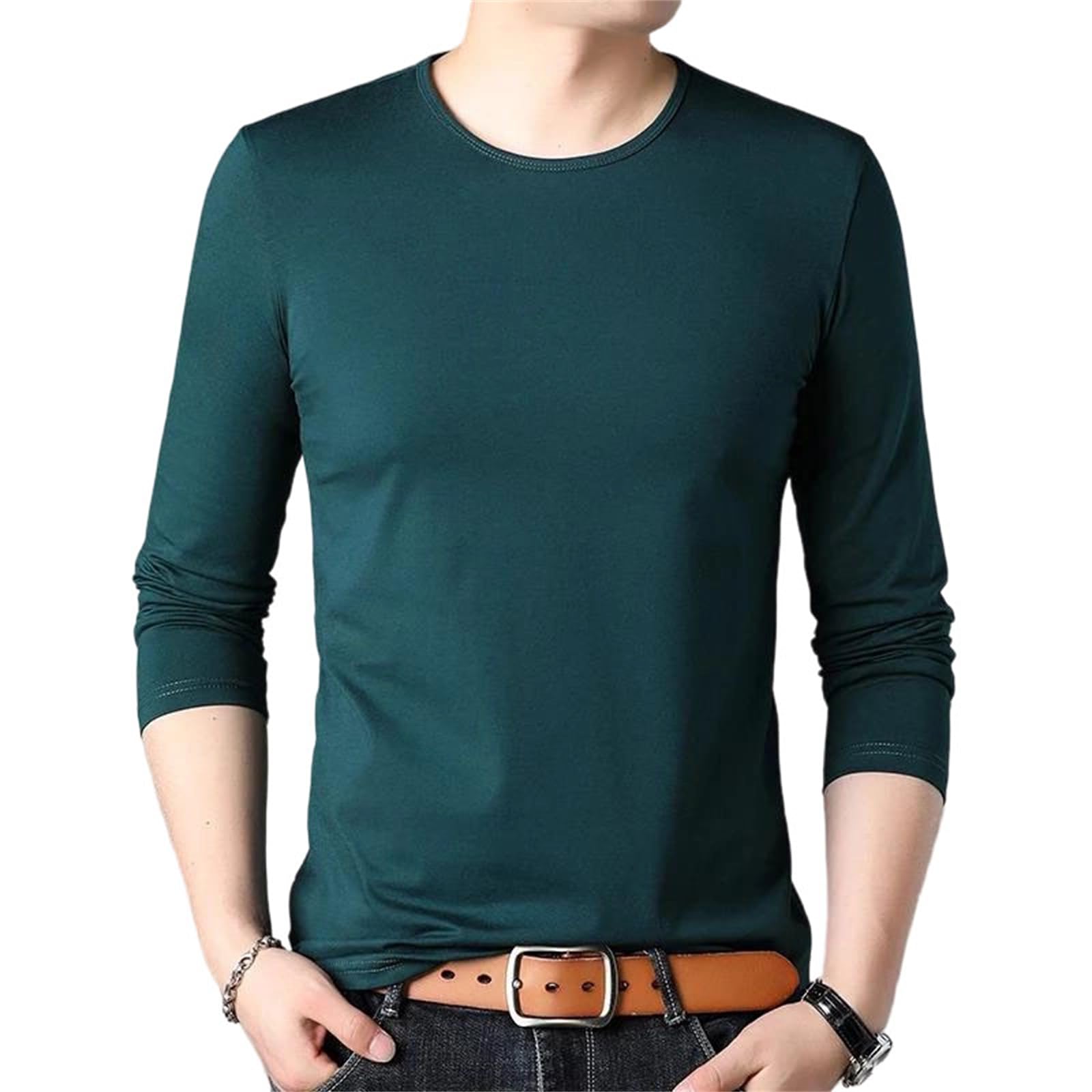 Camiseta de algodón de manga larga para hombre, casual, holgada, cuello redondo, estilo urbano, cómoda, para uso diario