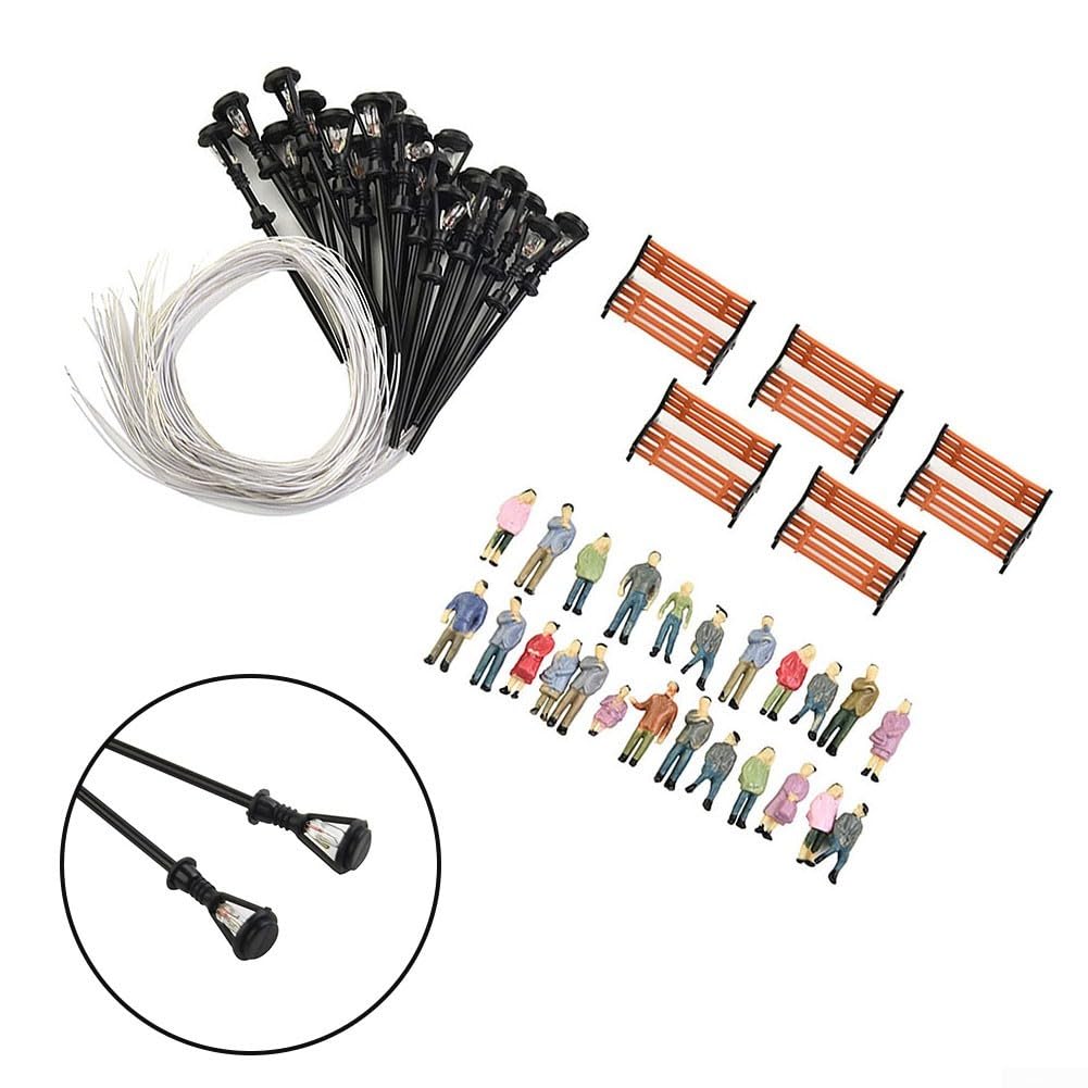 49 Pack HO OO Scale Painted People Figures With Benches And Lamp Posts For Model,Train Railway Scenery Landscape Diorama Building Layout Scene Display