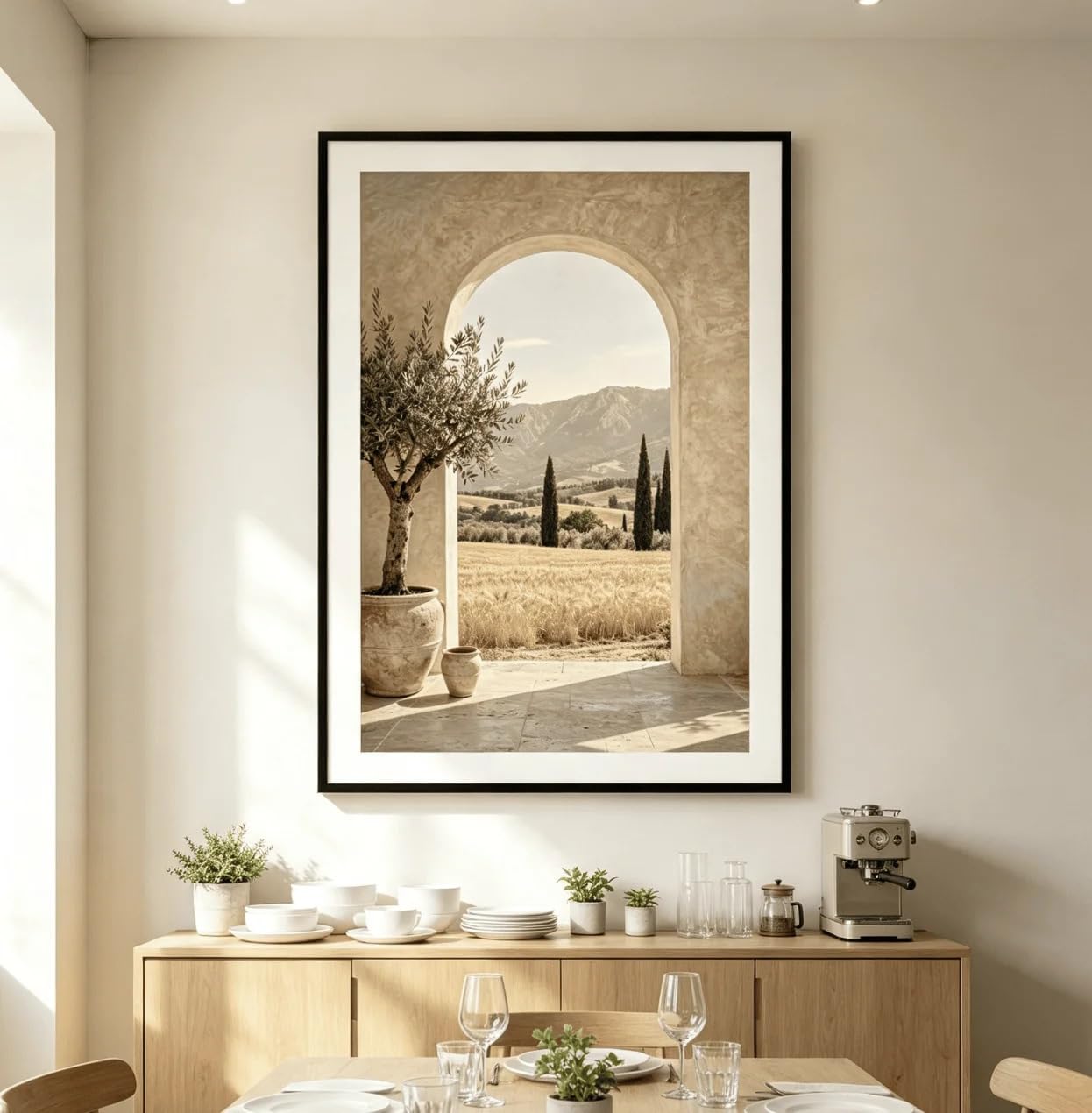 Dittelle Leinwanddruck „Toskanischer Bogen, Olivenbaum, Weizenfeld“, neutrales rustikales italienisches Landschaftsmotiv aus Zypressen, Wandbild für das Wohnzimmer (30 x 40 cm/Innenrahmen)
