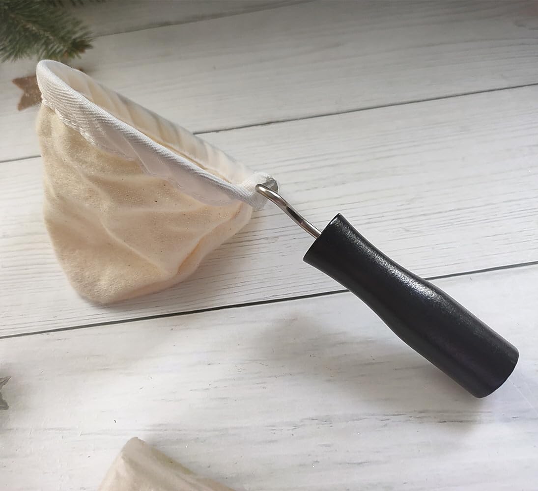 Reusable Coffee Filter with Wooden Handle, Cafe Flannel Cloth Filter Strainer Bag for Coffee Lover, Small Handmade Coffee Sock(L) image 5