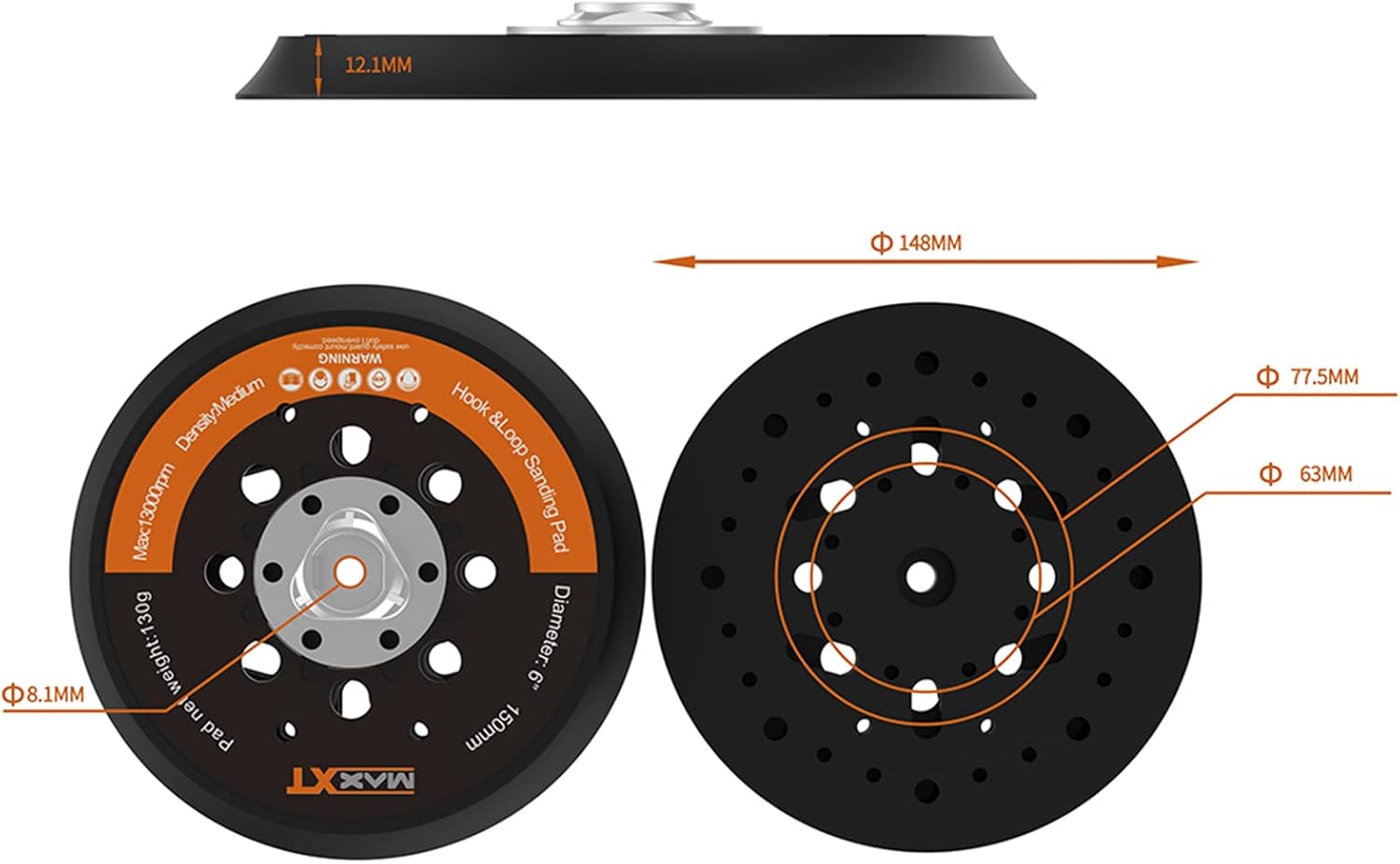 MAXXT 6" Hook & Loop DA Sander Backing Plate Pad 30 Sandpaper, Dual-Action Random Orbital Sanding Pad - Low Profile Edge, Medium Density - for MAXXT Brushless Orbit Sander R7303&R7304