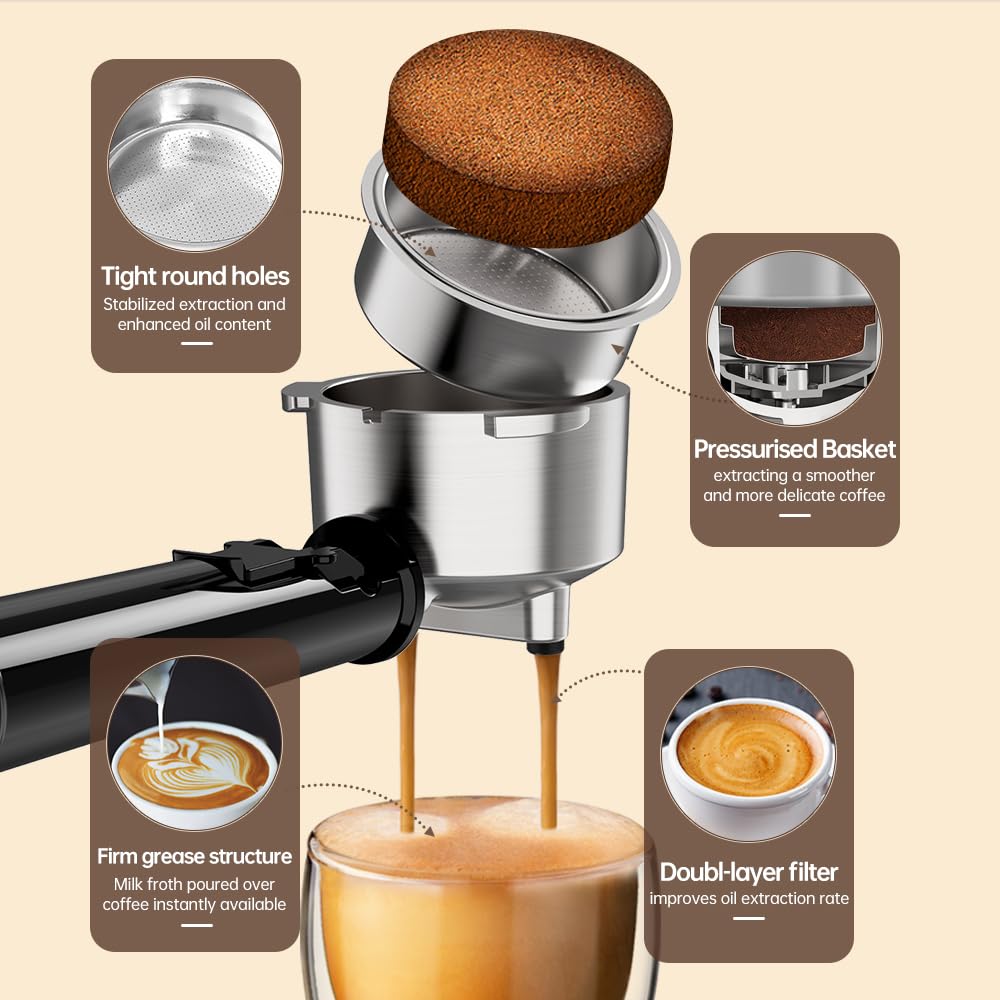Cafelffe MK-601 2 en 1 20 bares con espumador de leche y manómetro, modo caliente/frío, infusión rápida de 1450 W, compatible con café molido y cápsulas ESE 44 mm, depósito de 1,1 L
