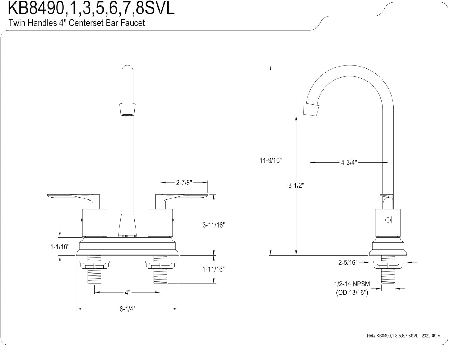 Kingston Brass KB8498SVL Serena Two-Handle 2-Hole Deck Mount Bar Faucet in Brushed Nickel