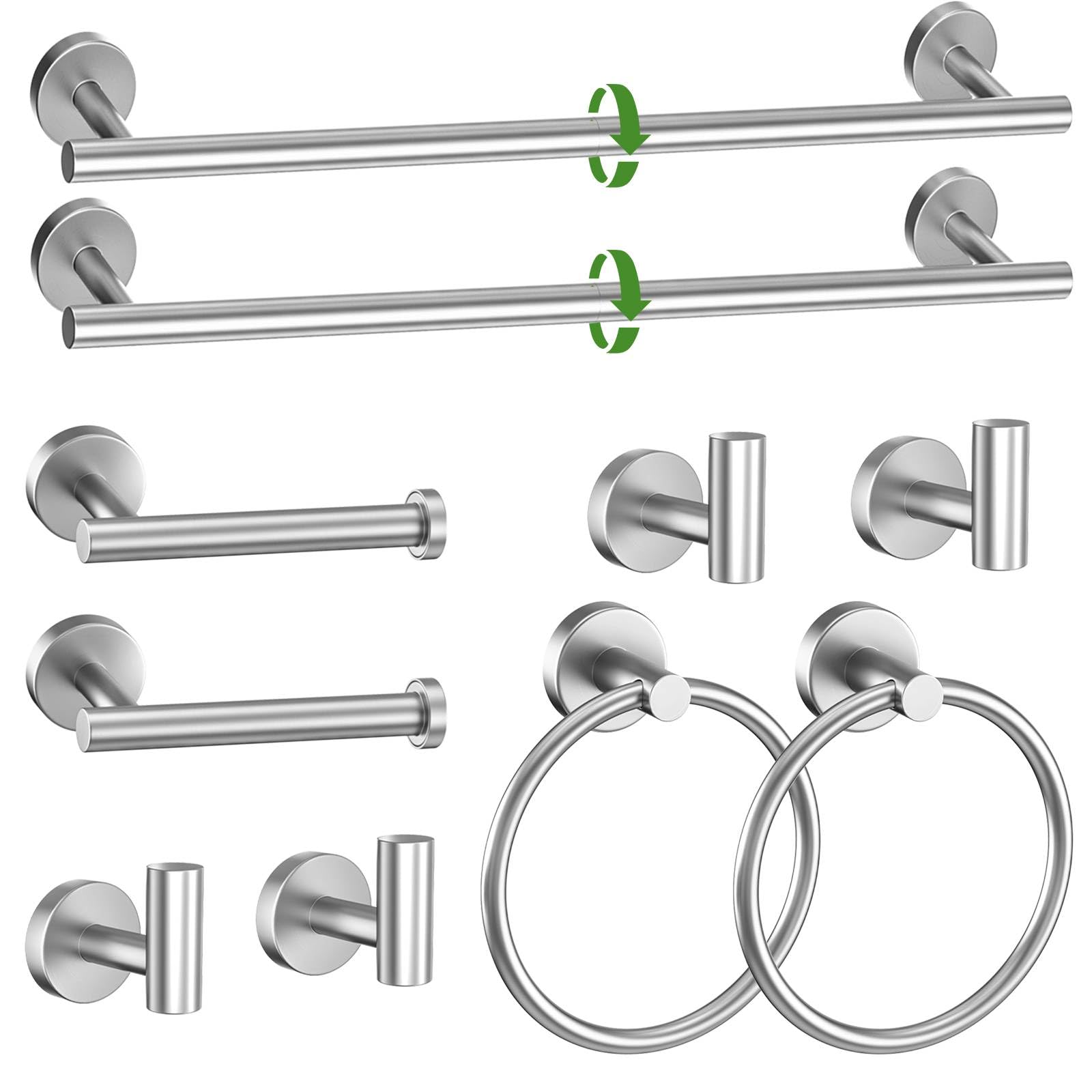 Set di 10 portasciugamani in nichel spazzolato, accessori per il bagno, include barra portasciugamani da 60 cm, anello per asciugamani rotondo e ganci in acciaio inox, set di portasciugamani da parete