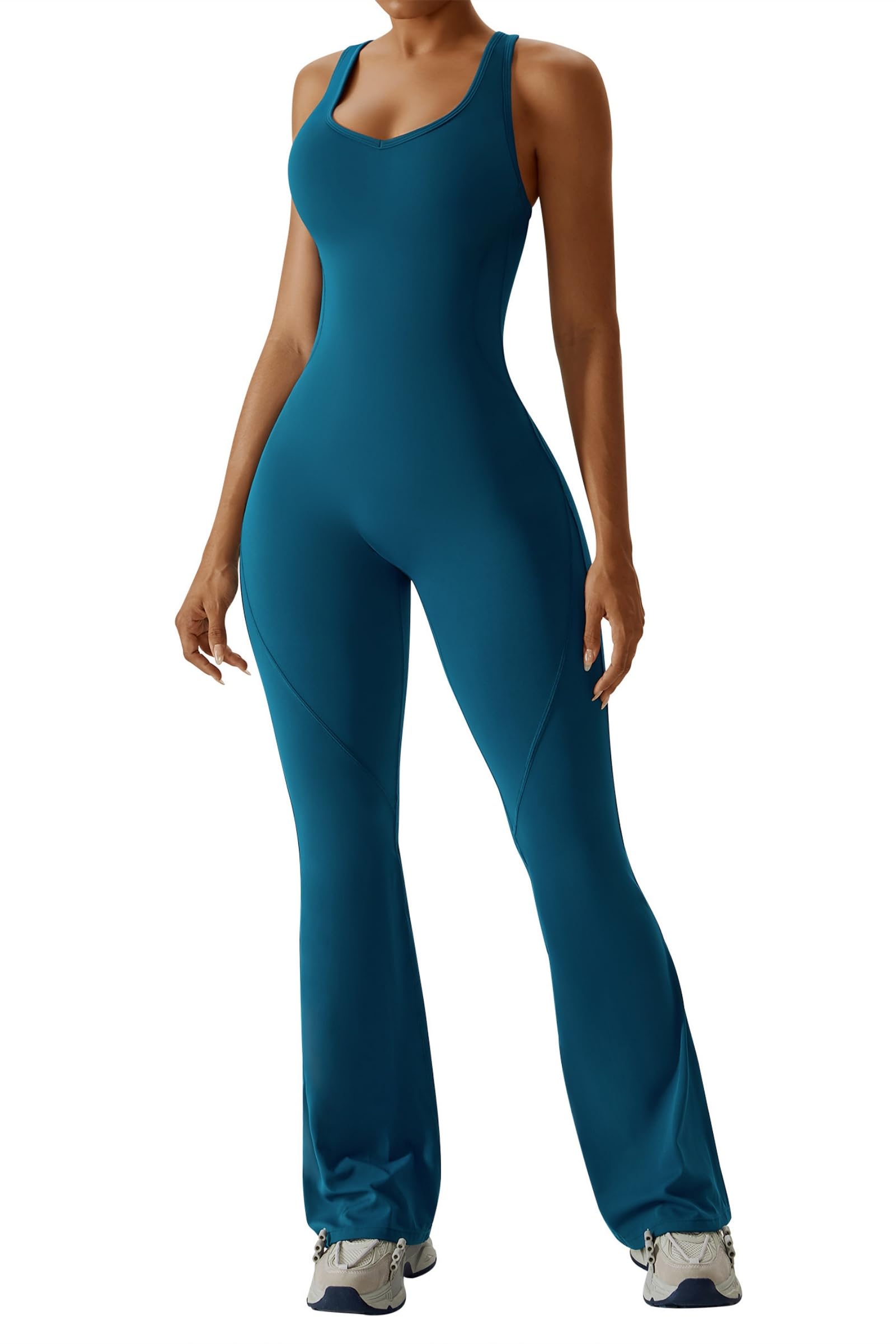 OEAK Mono acampanado para mujer, todo en uno, espalda cruzada, cuello redondo, sin costuras, acolchado, bodycon, para fitness, yoga, gimnasio, deporte, azul, L