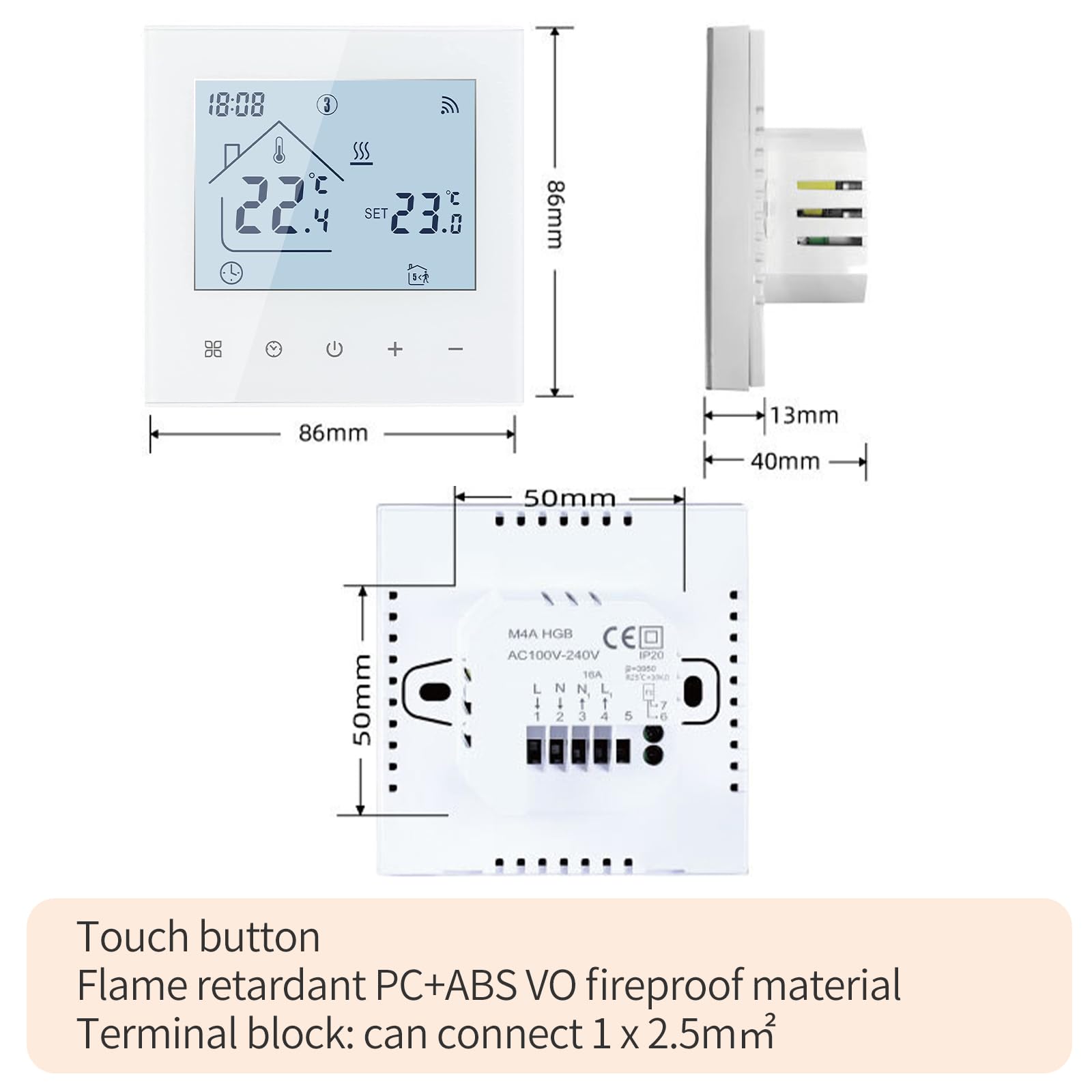 Termostato inteligente WiFi para calefacción por suelo radiante eléctrico,termostato eléctrico de 16A,pantalla táctil digital, regulador de temperatura, 230V, compatible con Alexa Google Home (blanco)