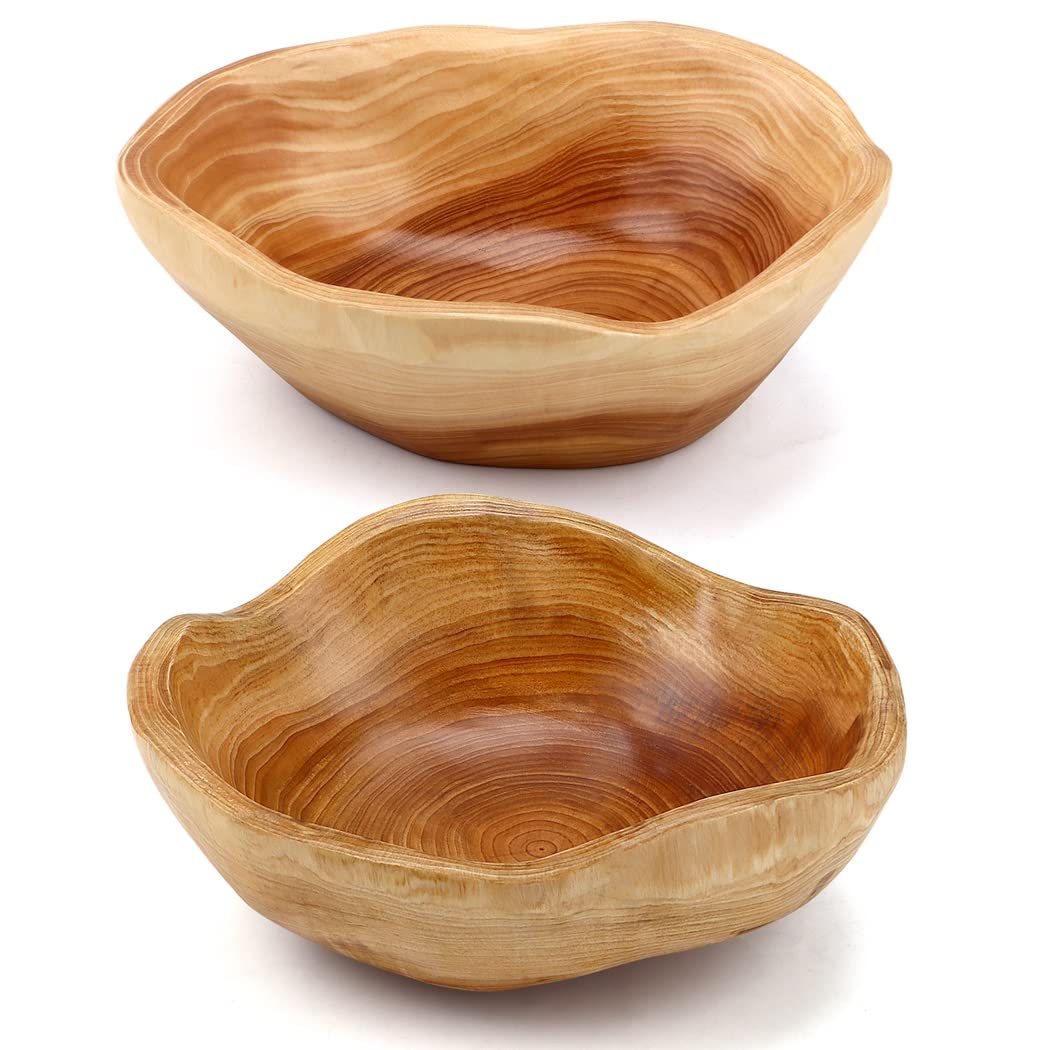 Varku 2PCS Decorative Wooden Bowls, Wood Fruit Bowls for Serving Fruits Candy Desserts, Creative Handmade Natural Wooden Pans, Rustic Wood Pans for Home Decor