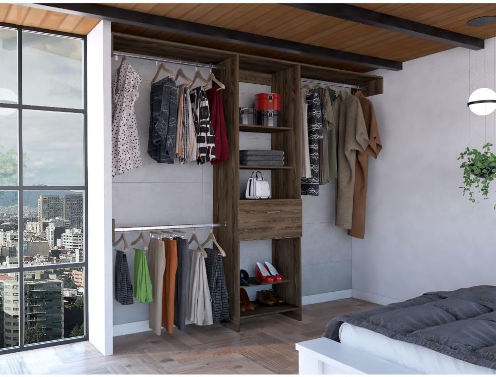 Manchester 250 Closet Organizer with 5 Shelves, 1 Drawer & 3 Hanging Rods - Dark Walnut