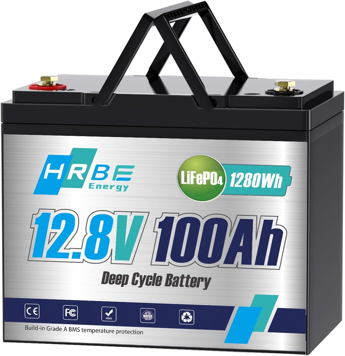 12.8V 100Ah LiFePO4 Deep Cycle Battery, 8000+ Cycles 1280Wh, Built-in 100A BMS, Replace AGM/Lead Acid for RV, Solar System, Boat, Marine, Trolling Motor, Camping