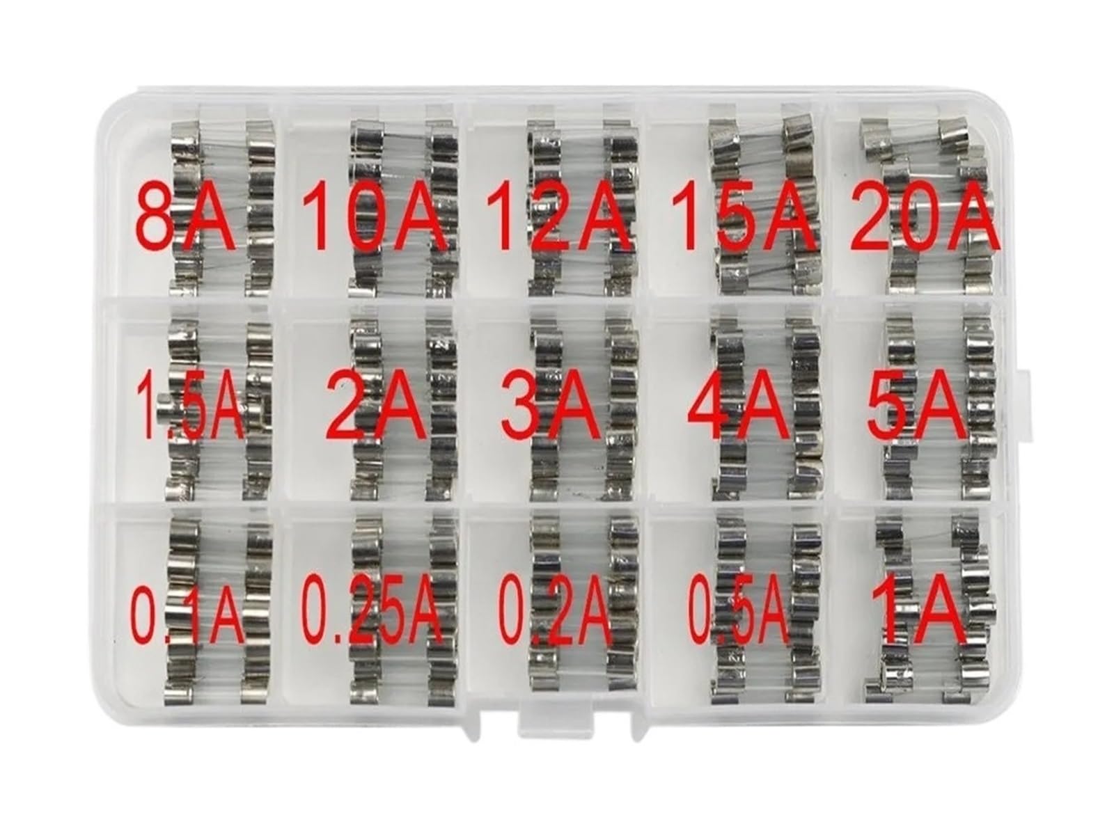 Zestaw bezpieczników szybkofuzyjnych, 15 wartości, 150 sztuk, 5 x 20 mm, 250 V, 0,1, 0,2, 0,25, 0,5, 1, 1,5, 2, 3, 4, 5, 8, 10, 12, 15, 20A, zapakowane w przezroczyste plastikowe pudełko