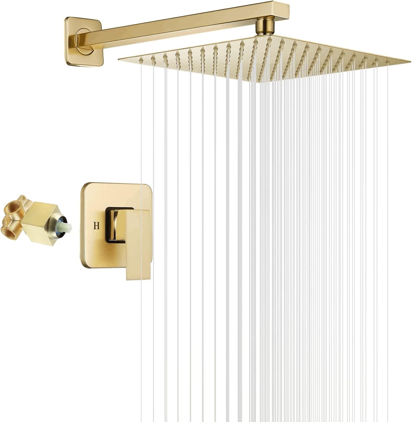 Brushed Gold Shower Faucet GGStudy Single Function Shower Trim Kit with Rough-in Valve Shower Set Bath Rainfall Shower Faucet System 10 inch Square Stainless Steel Metal Shower Head