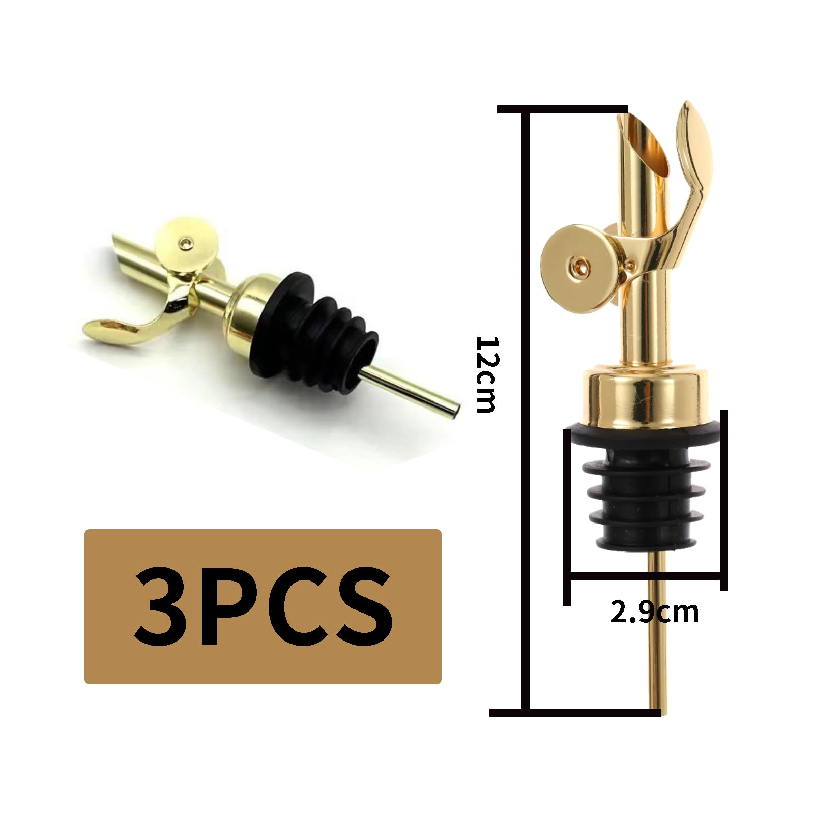 3er Pack Selbstschließender Ausgießer Edelstahl in Gold, Flaschenausgießer für präzises Ausgießen von Alkohol, Olivenöl und Essig mit Reinigungsbürsten