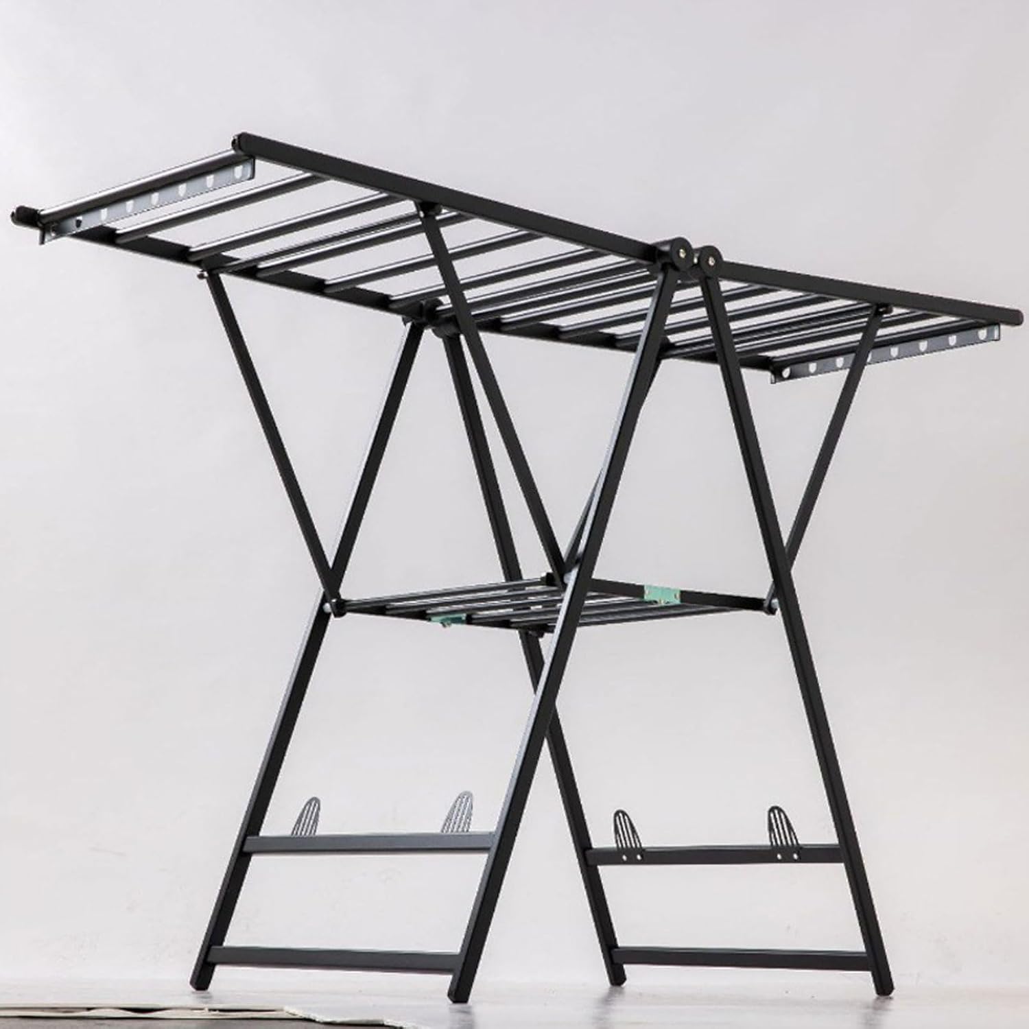 Foldable Laundry Drying Rack - 2-Tier Free-Standing Design with Height-Adjustable Wings and Shoe Rack for Indoor and Outdoor Use