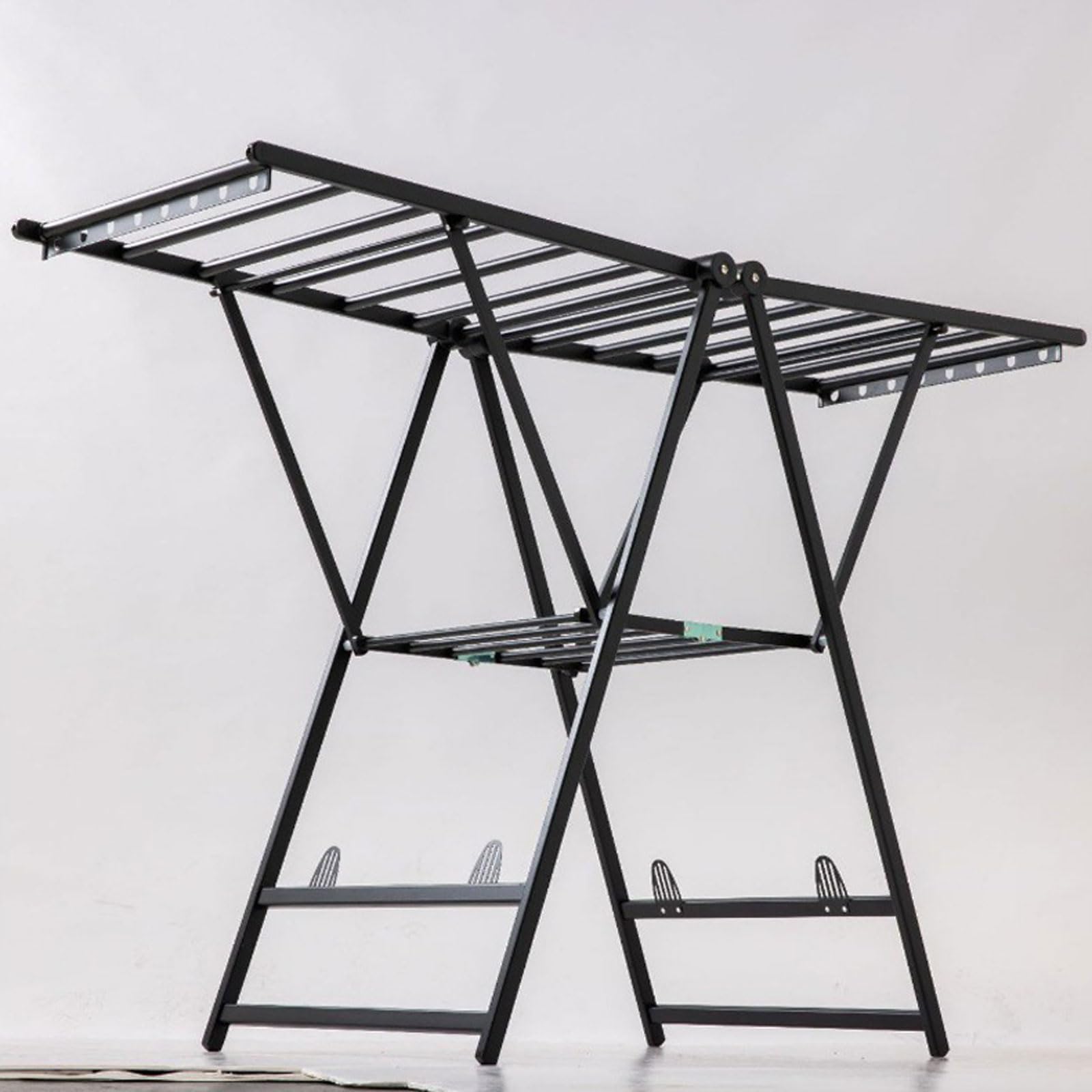 Ausziehbarer Wäscheständer, 2-stöckiger, zusammenklappbarer, freistehender Wäscheständer, verstellbare Flügel, Edelstahl, 130–160 cm(150cm Black)