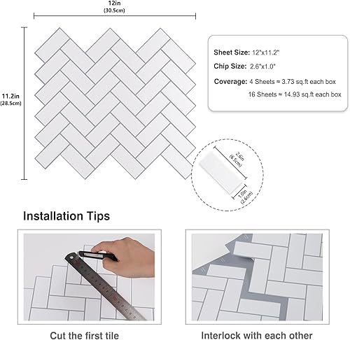 Miniatura 8 de CRE8TIVE 4 hojas de azulejos de espiga blanca para despegar y pegar para cocina, 12 x 12 pulgadas, azulejos autoadhesivos para azulejos de pared