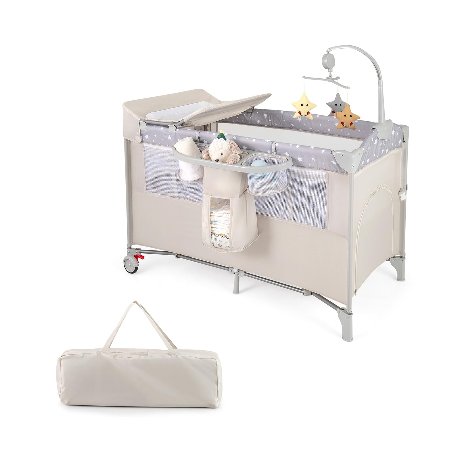 FANTASK 5 in 1 Faltbares Babybett, Beistellbett Baby mit Rollen, Spielbogen & Wickelauflage, Reisebett mit Matratze und Tragetasche, Mobiles Kinderreisebett für Baby bis 3 Jahren (Beige)