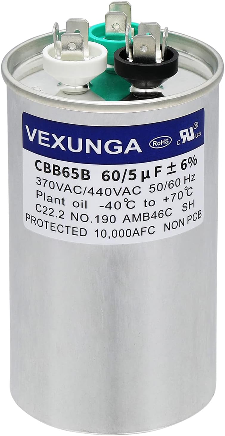 VEXUNGA 60/5 uF 60+5 MFD 370VAC or 440VAC Dual Run Start Round A/C Capacitor CBB65 CBB65B Air Conditioner Capacitors for AC Unit Fan Motor Start or Heat Pump or Condenser Straight Cool