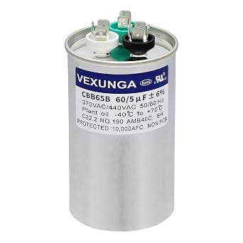 VEXUNGA 60/5 uF 60+5 MFD 370VAC or 440VAC Dual Run Start Round A/C Capacitor CBB65 CBB65B Air Conditioner Capacitors for AC Unit Fan Motor Start or Heat Pump or Condenser Straight Cool