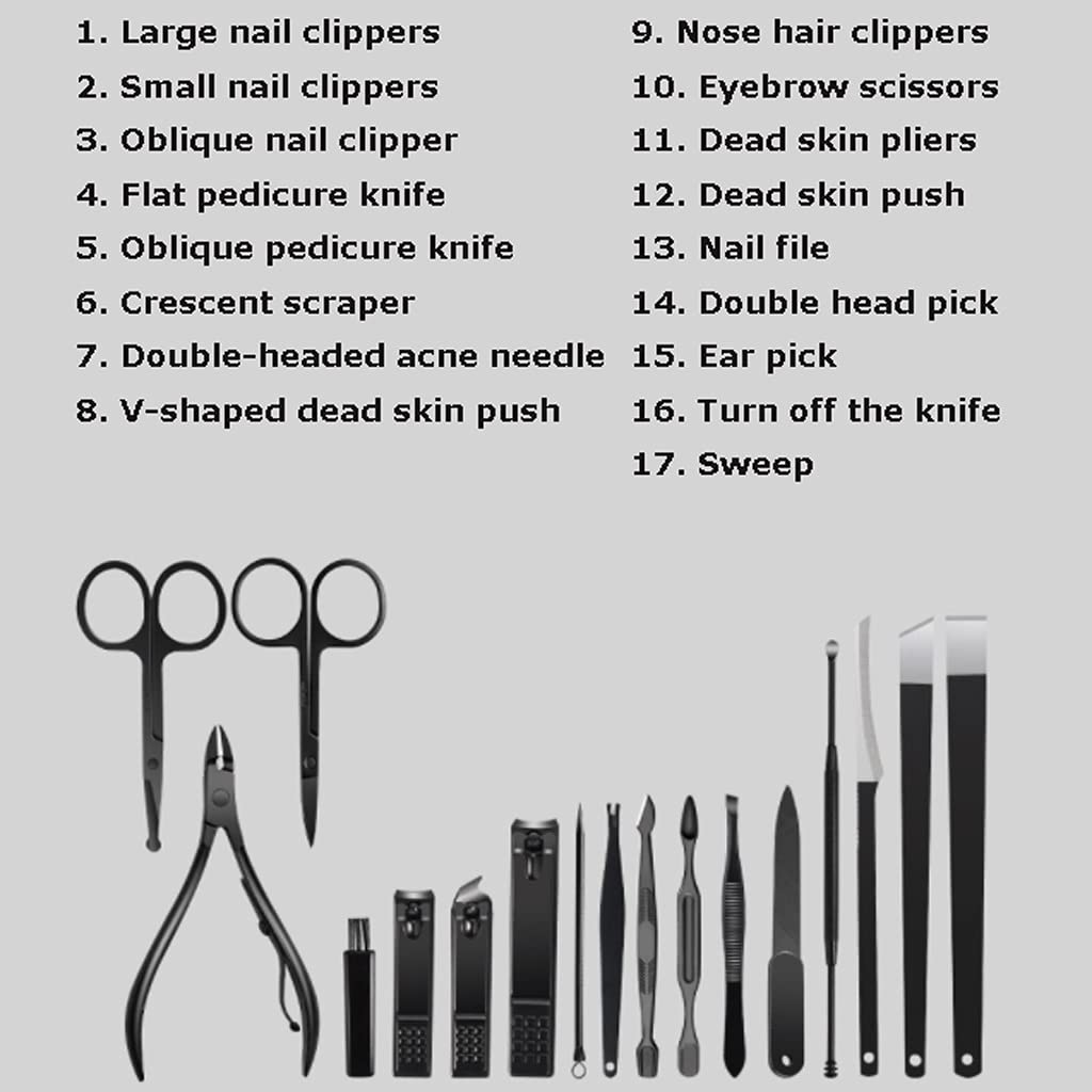 Set professionale per manicure 17 in 1 kit professionale per pedicure, forbici per unghie, kit da toelettatura con custodia da viaggio in pelle nera per adulti o bambini sicuri (colore nero)