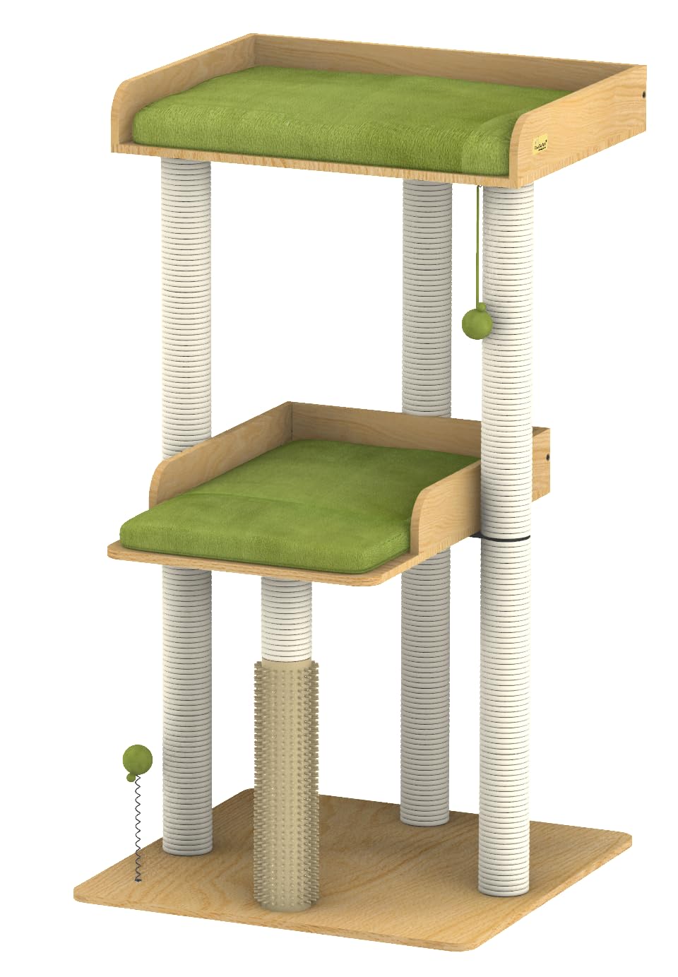 FourFurPets Cat Tree, Wooden Cat Tower with Six 30 cm Sisal Scratching Posts, Large Platforms, 1 Removable Cushion, 1 Pompoms, Easy to Clean, for Cats of All Ages (green, 60 x 60 x 111 cm)