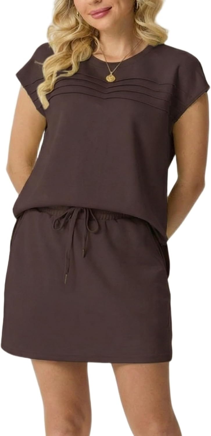 GRECERELLE Women's 2 Piece Tennis Skirt Set with Built-In Shorts, Cap-Sleeve Crewneck Top, Casual Summer Athletic Outfit
