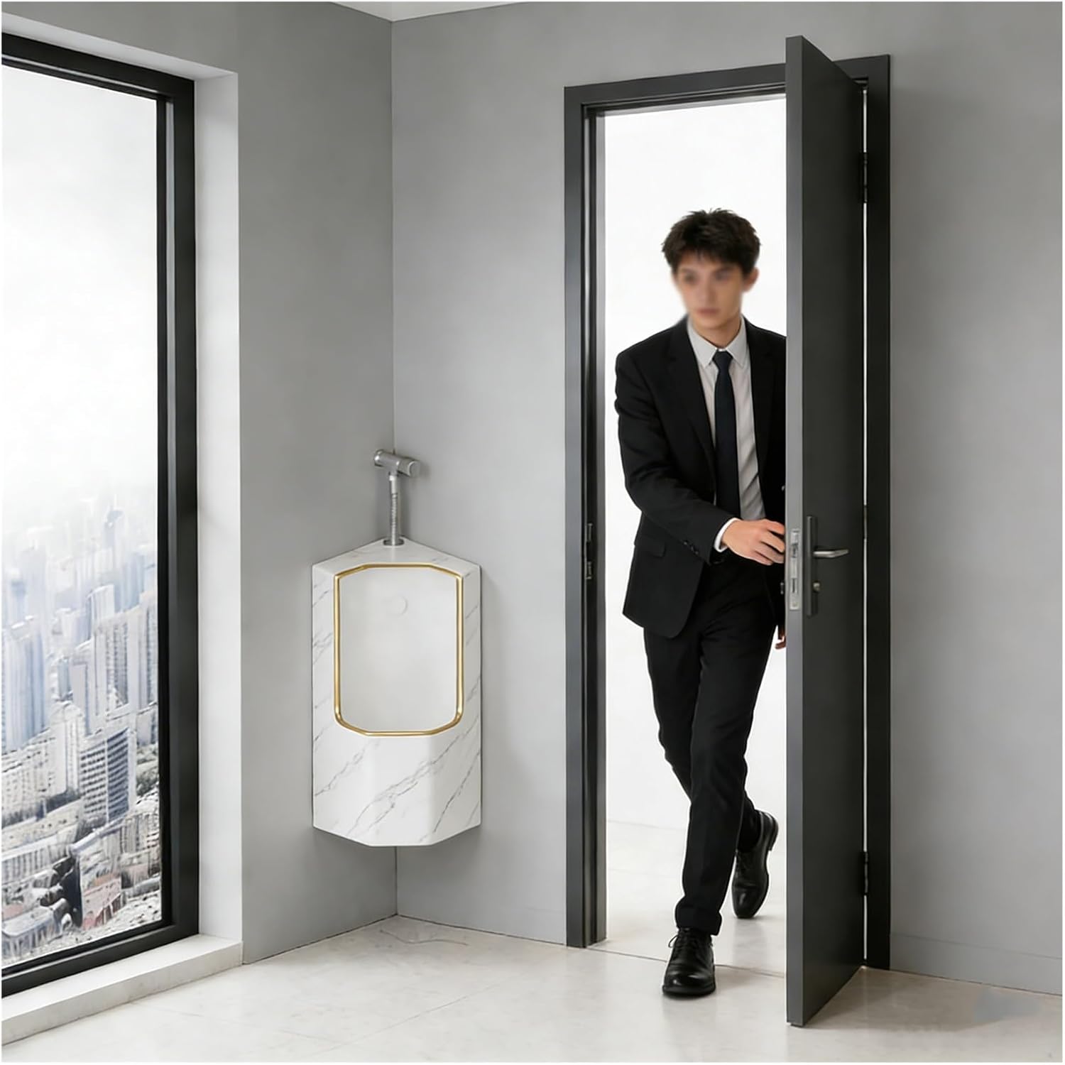 Men's Bathroom Urinal with Flush Valve, Corner Ceramic Urinals Splash-Proof Spill-Proof, Wall Mount Male Urinal 9.4in High Edge, for Public Toilet(Gold)