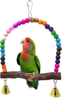 Honbay Wooden Bird Swing Toy with Bells & Beads - Hanging Perch for Small Parrots & Birds, Natural Wood Fun (6.3x6 Inch)