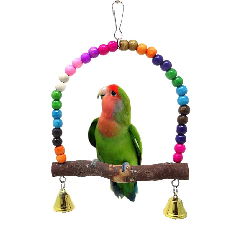 Balanço de Madeira com Contas Coloridas e Sinos para Aves Pequenas Honbay
