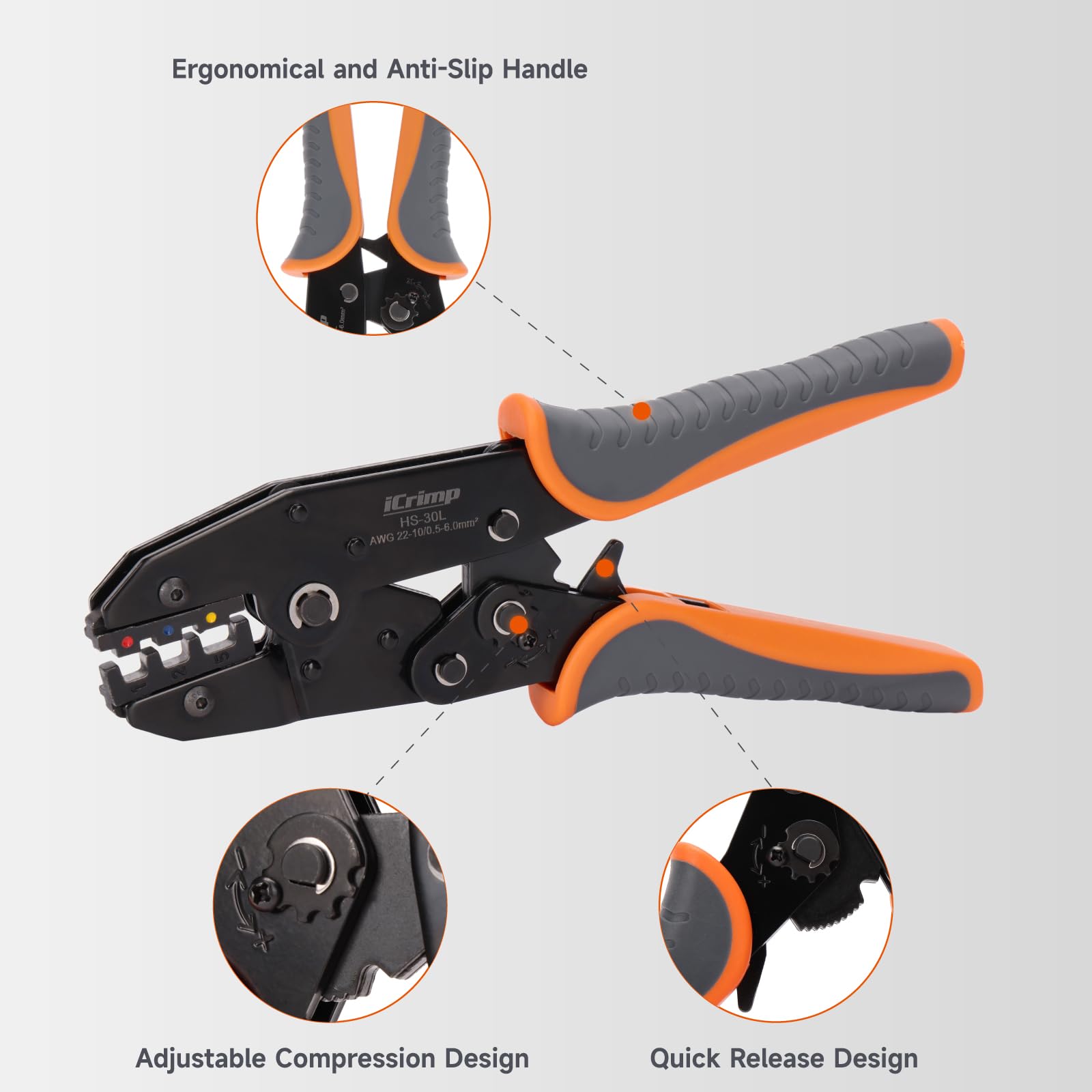 iCrimp IWS-30L Ratchet Heat Shrink Crimping Tool for Insulated Ferrules Wire Terminal Crimper with Ergonomic Handle - Image 4
